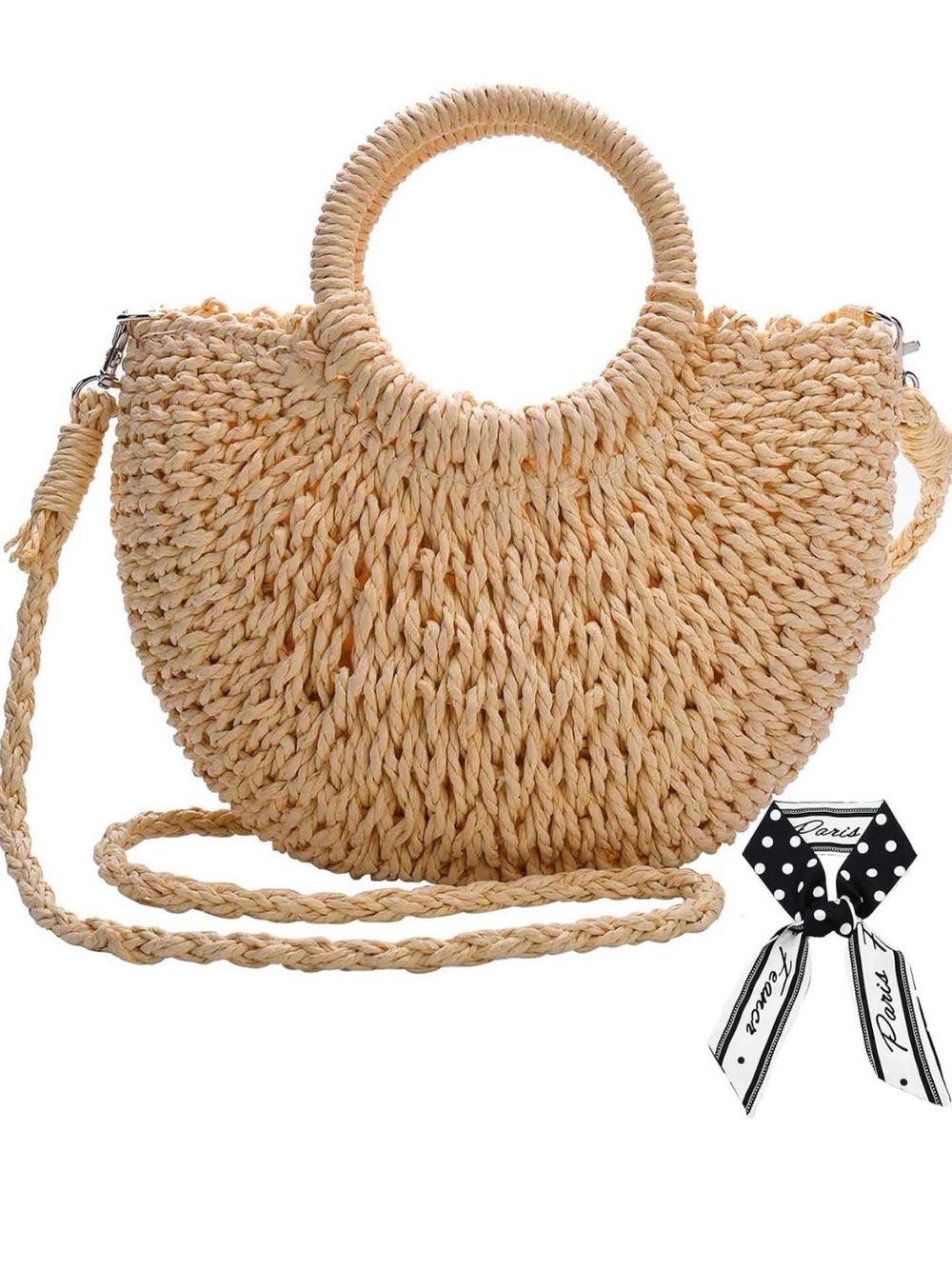 Boho Straw Woven Crossbody Bag with Circle Handles